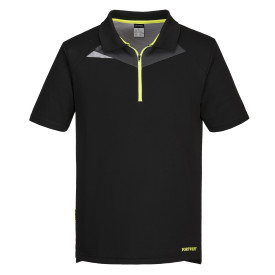 DX4 polo S/S DX410 em preto com fecho de correr contrastante. Est&aacute; inclu&iacute;do um link para a p&aacute;gina do artigo.