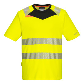 T-Shirt DX4 Alta visibilidade S/S DX413 em amarelo e preto com fita refletora segmentada. Est&aacute; inclu&iacute;do um link para a p&aacute;gina do artigo.