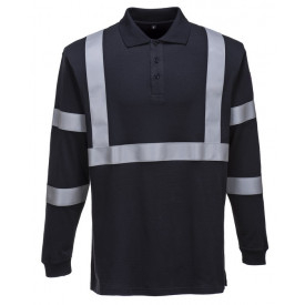 Camisa p&oacute;lo de manga comprida anti-est&aacute;tica e resistente &agrave;s chamas FR03 em navy com fita refletora. Est&aacute; inclu&iacute;do um link para a p&aacute;gina do artigo.