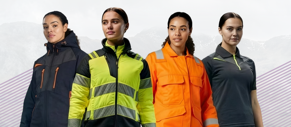 Quatro mulheres com roupas de trabalho. Est&atilde;o lado a lado. Ao fundo, &eacute; poss&iacute;vel ver uma paisagem montanhosa em tons claros e um padr&atilde;o &agrave;s riscas.