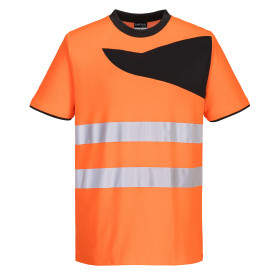T-Shirt PW2 Hi-Vis Cotton Comfort S/S PW213 em laranja e preto com fitas refletoras. Est&aacute; inclu&iacute;do um link para a p&aacute;gina do artigo.