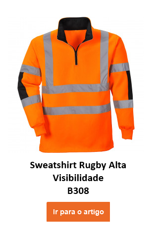 Camisa rugby de alta visibilidade Xenon B308 na cor laranja com detalhes azuis e listras refletivas. Um link para a página do artigo é fornecido.