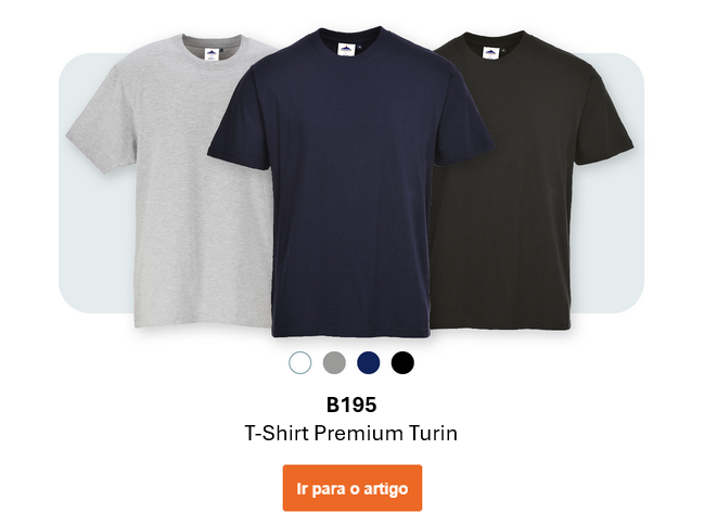Imagem da T-shirt premium B195 Turin em três versões: cinzento, azul-escuro e preto sobre fundo cinzento-claro com cantos arredondados. Link para o artigo disponível.