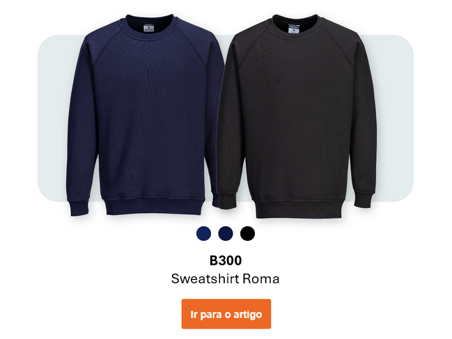 Imagem do hoodie B300 Roma em duas versões: azul-escuro e preto sobre fundo cinzento-claro com cantos arredondados. Link para o produto incluído.