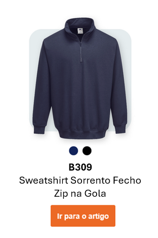 Imagem do Sweatshirt B309 Sorrento com fecho em azul sobre fundo cinzento-claro com cantos arredondados. Link para o produto incluído.