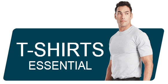 Banner azul com as palavras T-Shirts Essential e a imagem de um homem de cabelo escuro a usar uma t-shirt branca.