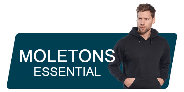 Faixa azul com as palavras "Sweatshirts e Sweatshirts Essenciais" sobre a imagem de um homem moreno a usar um hoodie preto.