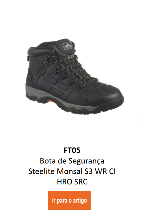Imagem da bota de seguran&ccedil;a Steelite Monsal S3 WR CI HRO SRC FT05 em preto com detalhes cinzentos. Um link para o artigo est&aacute; inclu&iacute;do.