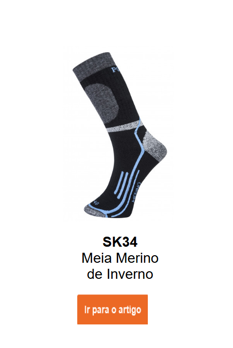 Imagem das meias de inverno Merino SK34 em preto com detalhes cinzentos e azuis. Um link para o artigo est&aacute; inclu&iacute;do.