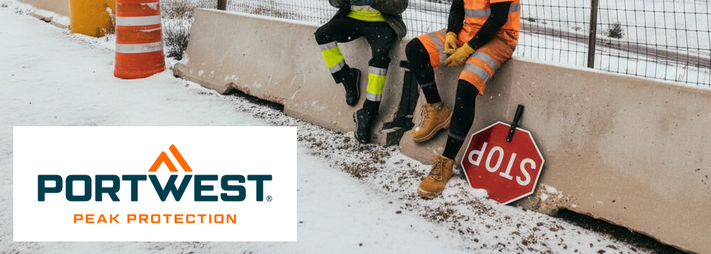 Dois trabalhadores sentam-se numa barreira de bet&atilde;o na estrada. Um sinal de stop est&aacute; encostado a eles, e cones de tr&acirc;nsito e uma &aacute;rea nevada s&atilde;o vis&iacute;veis ao fundo. O log&oacute;tipo do fabricante, Portwest, em laranja e azul sobre um fundo branco, est&aacute; localizado no canto inferior esquerdo.