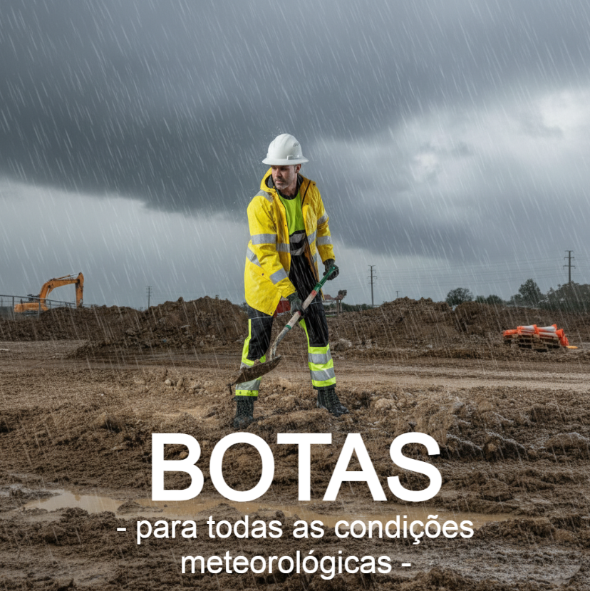 Homem trabalhando com uma p&aacute; em um canteiro de obras lamacento. Ele usa roupa de alta visibilidade amarela e botas de inverno. Na parte inferior da imagem est&aacute; escrito 'Botas &ndash; para qualquer clima'.