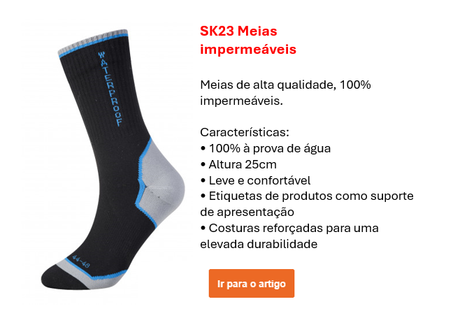 Imagem das meias impermeáveis ​​Performance SK23 em preto com detalhes em cinzento e azul. É fornecido um link para a página do artigo.