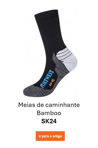 Imagem das meias de caminhada SK24 Bamboo em preto com detalhes em cinzento, branco e azul. É fornecido um link para a página do artigo.