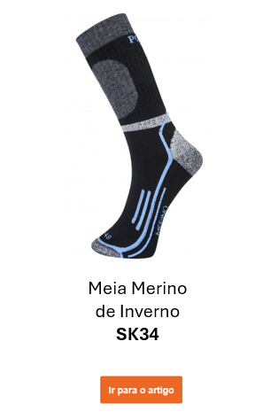 Imagem das meias de inverno Merino SK34 em preto com detalhes em cinzento e azul. É fornecido um link para a página do artigo.