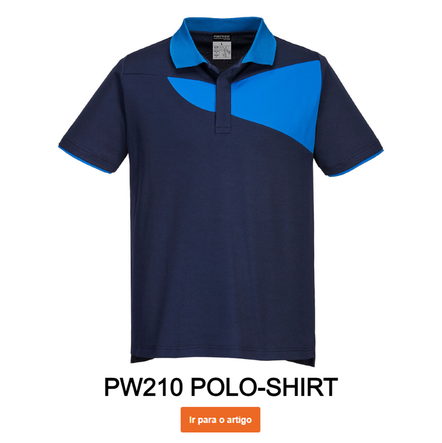 Exemplo de imagem da camisa pólo PW210 em azul-royal com link para o artigo.