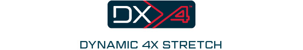 Logótipo da coleção DX4 com letras brancas e vermelhas sobre fundo azul. Abaixo do logótipo estão as palavras Dynamic 4X Stretch em azul. É fornecido um link para a coleção DX4.