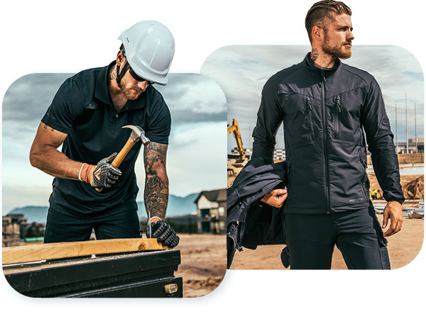 Dois trabalhadores com roupa da coleção DX4™: O trabalhador da esquerda usa um capacete branco, luvas e uma combinação de polo azul-marinho e calças. Segura um martelo na mão e está prestes a pregar um prego numa tábua; o da direita está fotografado com um estaleiro de obras ao fundo e está a usar um casaco softshell preto e calças, segurando uma capa de chuva no braço. É fornecido um link para a coleção DX4.