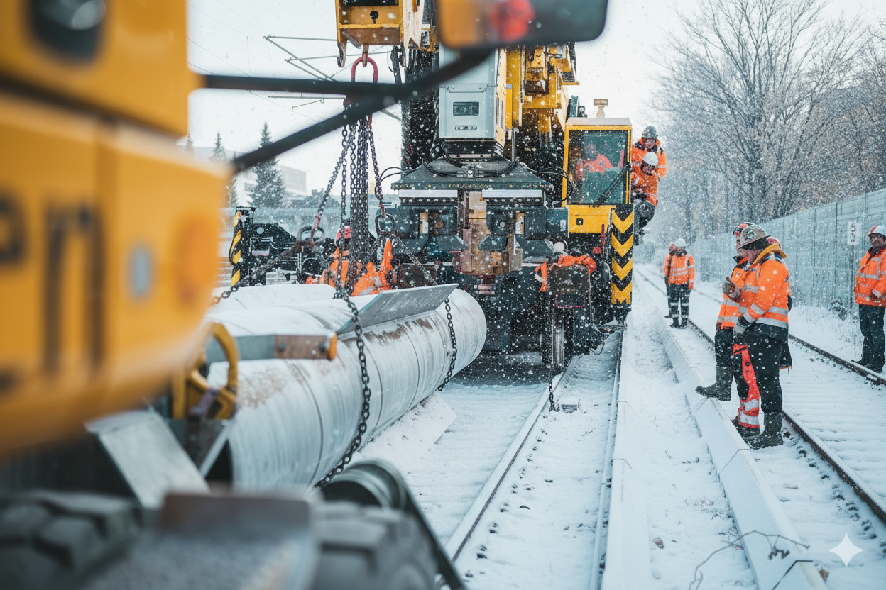 Um estaleiro de obras coberto de neve ao longo de uma linha ferrovi&aacute;ria. Uma escavadora sobre carris transporta grandes tubos. Ao lado da escavadora est&atilde;o v&aacute;rios trabalhadores com vestu&aacute;rio de trabalho de inverno laranja com alta visibilidade. No lado direito da imagem v&ecirc;-se uma veda&ccedil;&atilde;o coberta de neve e &aacute;rvores despidas e nevadas.