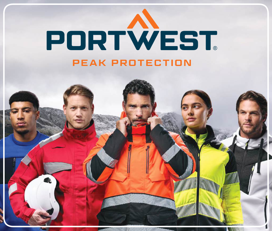 Cinco trabalhadores com vestu&aacute;rio de trabalho azul, vermelho, laranja, amarelo e branco. Ao fundo v&ecirc;-se uma paisagem montanhosa coberta de neve e um c&eacute;u cinzento. Por cima encontra-se o log&oacute;tipo azul e laranja do fabricante Portwest.