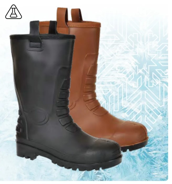Imagem do calçado de segurança S5 Neptune Rigger CI FW75 em castanho e preto com link para o artigo. Ao fundo está um padrão azul com flocos de neve estilizados.