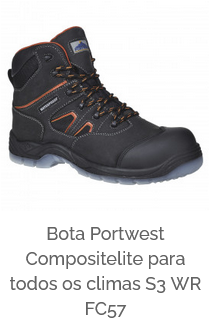 Botas Portwest Compositelite All Weather S3 WR FC57 em preto com detalhes laranja e link para o artigo.