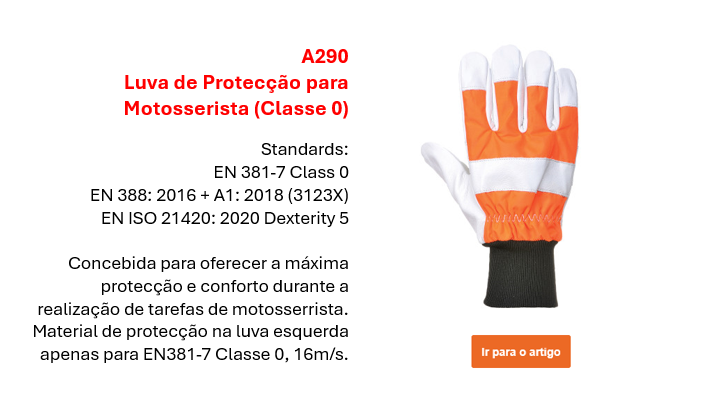 Imagem da luva para motosserra A290 em laranja com detalhes brancos e pretos e uma breve descrição das características e normas europeias. Link incluído.