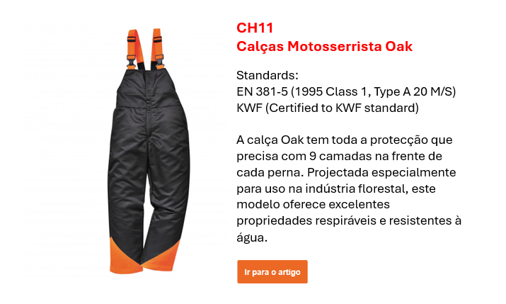 Imagem das calças CH11 Oak em preto com detalhes laranja e uma breve descrição das características e normas europeias. Link incluído.