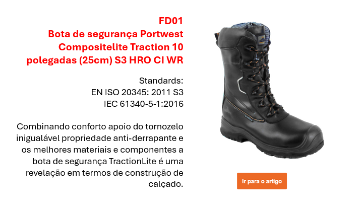 Imagem da bota de segurança Portwest Compositelite Traction FD01 em preto com descrição e normas europeias. Link incluído.