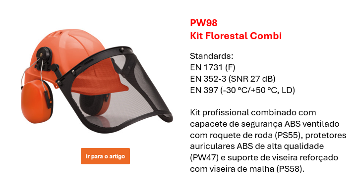 Imagem do conjunto florestal combinado PW98 em laranja com detalhes pretos e uma breve descrição das características e normas europeias. Link incluído.