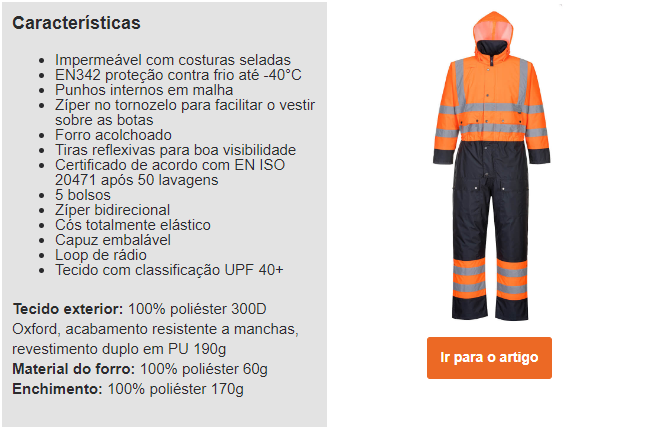 Imagem de exemplo do macacão de contraste Hi-Vis S485 forrado em preto e laranja com listras refletivas e um link para o artigo, bem como uma lista das características do macacão.