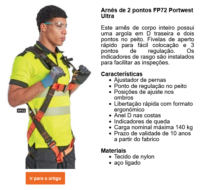 Um trabalhador usa um colete de segurança amarelo e equipamento completo de proteção contra quedas. Usa também luvas de proteção e óculos de segurança. O arnês Portwest Ultra de 2 pontos FP72 é apresentado juntamente com uma descrição das suas características.