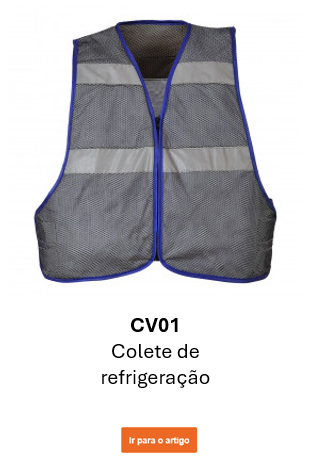 Imagem do colete de refrigeração CV01 Iona em cinzento com riscas refletoras e detalhes azuis. É fornecido um link para a página do artigo.
