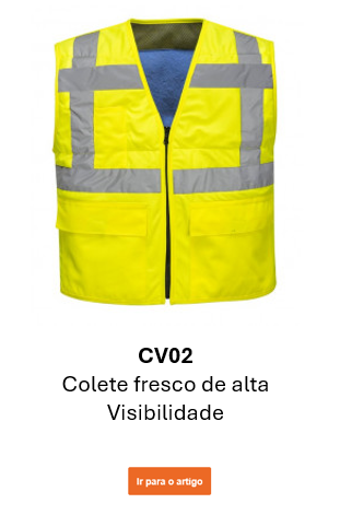 Imagem do colete de refrigeração de alta visibilidade CV02 em amarelo com listas refletoras. É fornecido um link para a página do artigo.
