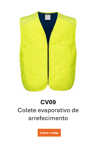 Imagem do colete evaporativo de arrefecimento CV09 em amarelo. É fornecido um link para a página do artigo.