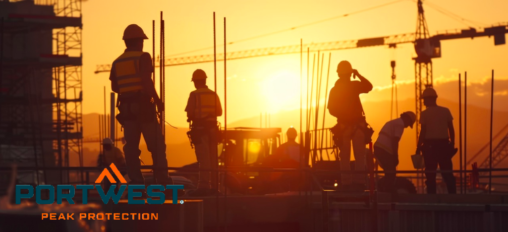 Estaleiro com grua, andaimes e vários trabalhadores com roupas curtas de verão. Ao fundo pode ver o pôr do sol. Tudo está banhado em luz laranja. No canto inferior esquerdo da imagem está o logótipo do fabricante Portwest em letras azuis e laranja.