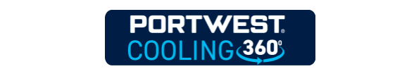 Símbolo da tecnologia Portwest Cooling 360 graus em vários tons de azul e branco.