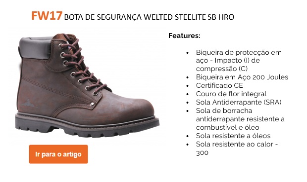 Imagem de exemplo da bota de segurança com debrum Steelite SB HRO FW17 confeccionada em couro nobuck marrom junto com uma lista das características do item e um botão laranja com um link para o item.