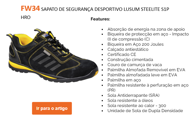 Imagem de exemplo do treinador de segurança Steelite Lusum S1P HRO FW34 em preto e amarelo com uma lista de recursos e um botão laranja que leva você à página do artigo do calçado através do link fornecido.