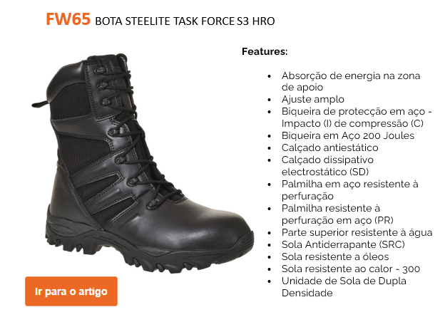 Imagem de exemplo da bota Steelite Task Force S3 HRO FW65 em preto junto com uma lista de recursos e um botão laranja que leva à página do artigo da bota.