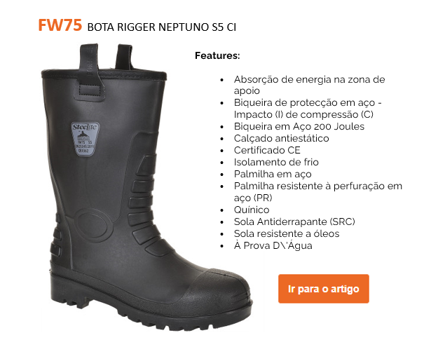 Imagem de exemplo da sapata de segurança S5 Neptune Rigger CI FW75 em preto junto com uma lista de propriedades do item e um botão em laranja que redireciona para a página do item.