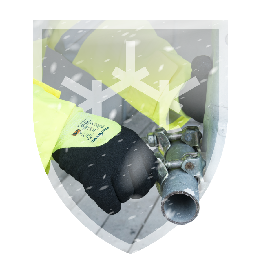 Luvas amarelas de proteção térmica usadas na construção de andaimes. Um floco de neve estilizado simboliza o frio. Link fornecido para nossa coleção de luvas de inverno.