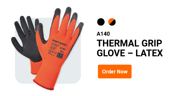Exemplo de imagem da luva Thermo Grip A140 em laranja/cinza com um link para o artigo.