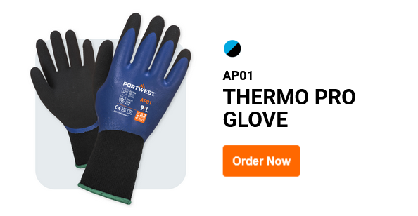 Exemplo de imagem da luva Thermo Pro AP01 em azul/preto com um link para o artigo.