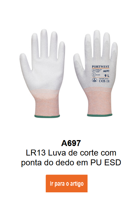 Imagem das luvas LR13 ESD PU A697 em branco e cinzento-claro com detalhes laranja e punhos verdes. Ligação para a página do produto disponível.