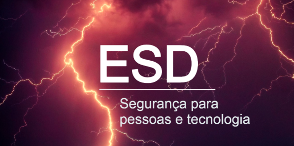 Imagem de um céu noturno escuro com raios laranja e letras brancas: ESD - Segurança para Pessoas e Tecnologia.