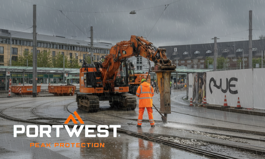 Oper&aacute;rio da constru&ccedil;&atilde;o em roupa de prote&ccedil;&atilde;o resistente &agrave;s intemp&eacute;ries em laranja vivo da Portwest trabalha na chuva com uma escavadora grande num canteiro de obras de linha de bonde. O log&oacute;tipo Portwest com o slogan &lsquo;Peak Protection&rsquo; est&aacute; vis&iacute;vel em primeiro plano. A cena mostra vestu&aacute;rio de trabalho robusto para uso em mau tempo. Um link para as nossas jaquetas imperme&aacute;veis est&aacute; inclu&iacute;do.