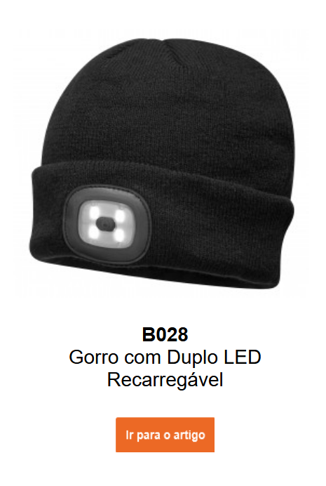 Imagem do beanie com LED duplo recarregável B028 em preto. Um link para a página do produto está incluído.
