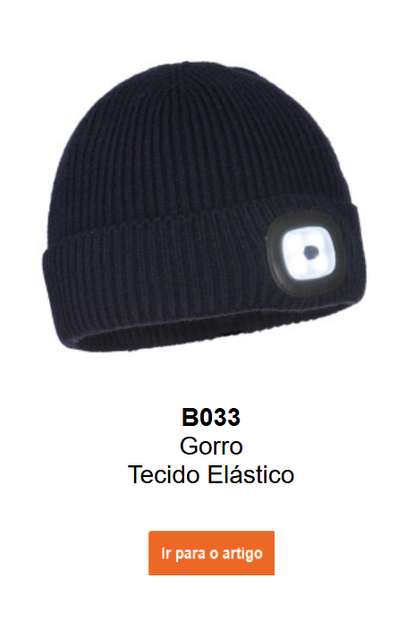 Imagem do gorro LED para trabalhadores B033 em preto. Um link para a página do produto está incluído.