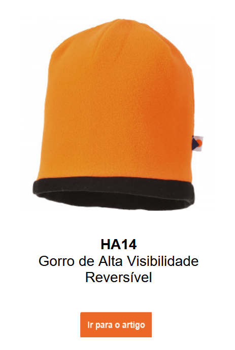 Imagem do gorro Hi-Vis reversível HA14 em laranja com interior preto. Um link para a página do produto está incluído.
