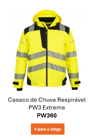 Imagem do casaco de chuva respirável PW3 Extreme PW360 em amarelo com riscas refletoras. É fornecido um link para a página do artigo.